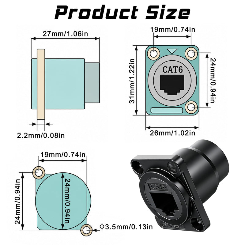 2 Pack Passthrough Rj45 Connectors Dc Power Extension Cable | RJ45 CAT6 Panel Mount Adapter, Ethernet Pass-Through Connector, D-Type Panel Mountable with Waterproof Cover Screw(Black)