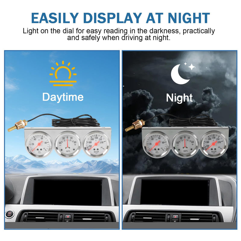 JDMSPEED 2" 52mm Triple Gauge Set Kit (Oil Pressure Gauge + Water Temperature Gauge + AMP Meter) 3‑in‑1