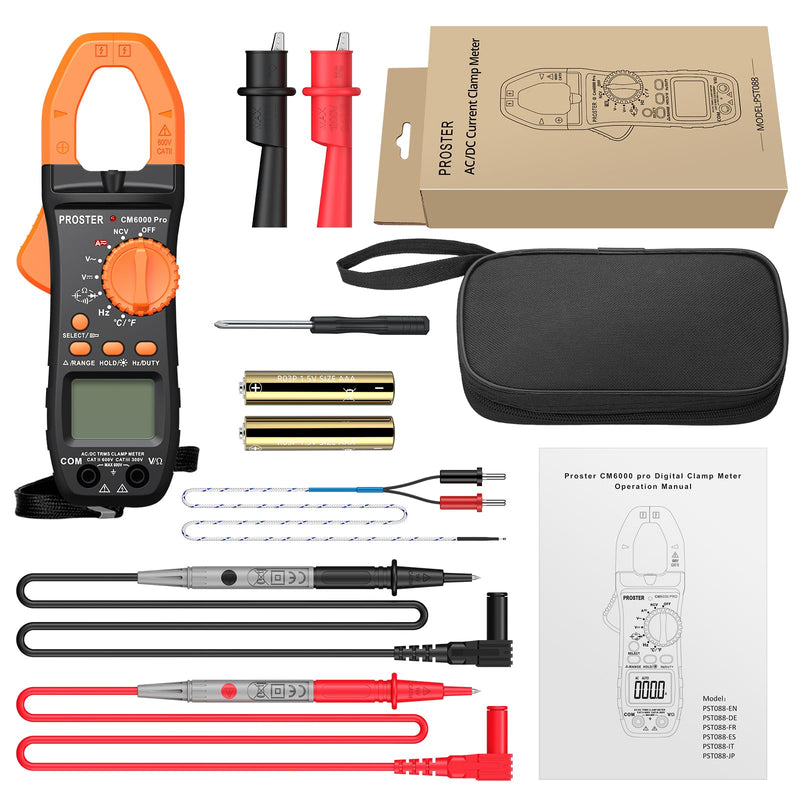 Proster Digital Clamp Meter 6000 Count - 800A DC AC Current Ammeters AC/DC Voltage Multimter, TRMS NCV Continuity Capacitance Resistance Frequency Diode Hz Tester, with Test Leads, Alligator Clips Black 6000Counts