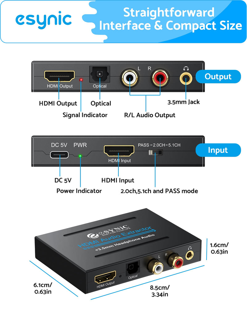 eSynic Portable 4K@30Hz HDMI Audio Extractor-No ARC/eARC & Not from HDTV to Soundbar-Easy to Setup-Metal Shell-for Gaming Consoles/Fire TV Stick to HDMI Monitor & Optical or 3.5MM & L/R Audio System