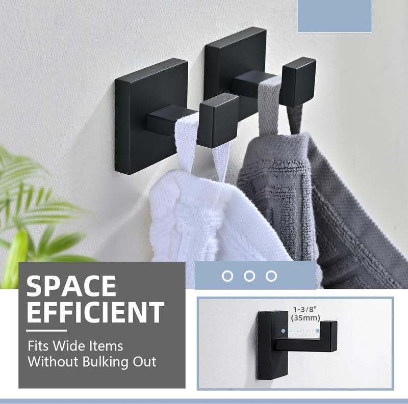 3PCS Bathroom Hardware Set, Matte Black Toilet Paper Holder, 2 Square Towel Robe Hooks, SUS 304 Stainless Steel, Wall Mounted, Modern, Rust‑Resistant (Black)