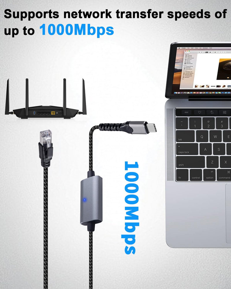 Duttek Gigabit USB C to Ethernet Cable 10FT, RJ45 to USB C Cord Up to1000/ 100/10Mbps Ethernet LAN Network Cable Thunderbolt 3/4 Compatible, for MacBook Pro, iPhone 15 Series, Laptop, PC