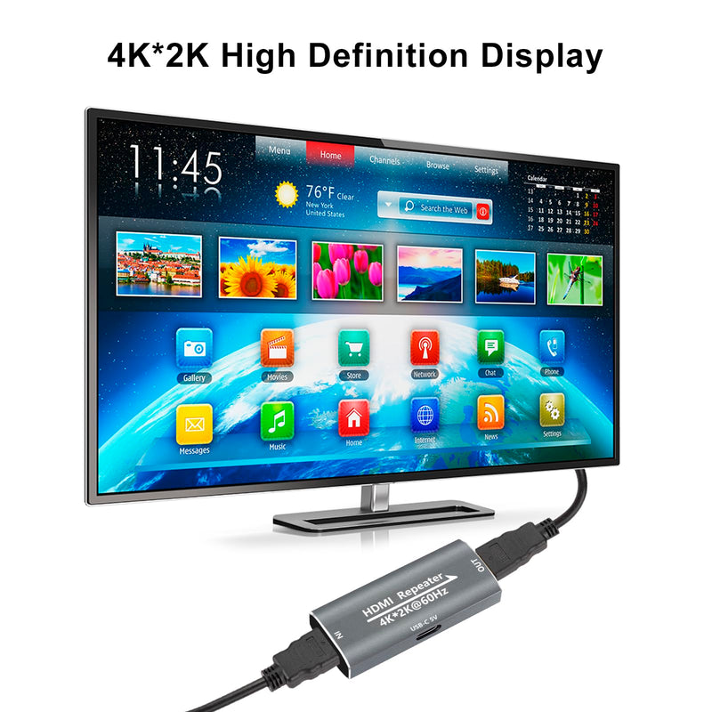 HDMI Booster Repeater 4K@60Hz for 80FT, HDMI Extender Female to Female Amplifier Signal Booster Plug & Play, for Gaming/Home Theater/Video Meeting/TV with USB-C Power Supply Port(Grey) Grey