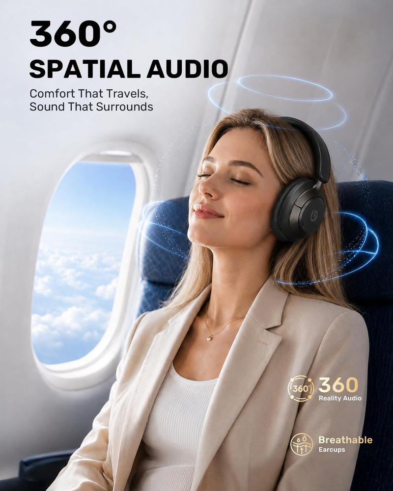 Boean Active Noise Cancelling Headphones, Bluetooth 6.0 Wireless Over Ear Headphones with 120H Playtime, 360° Spatial Audio & 5 ENC Mics, Soft Memory Foam, Transparency Mode for Office Travel Gaming Black