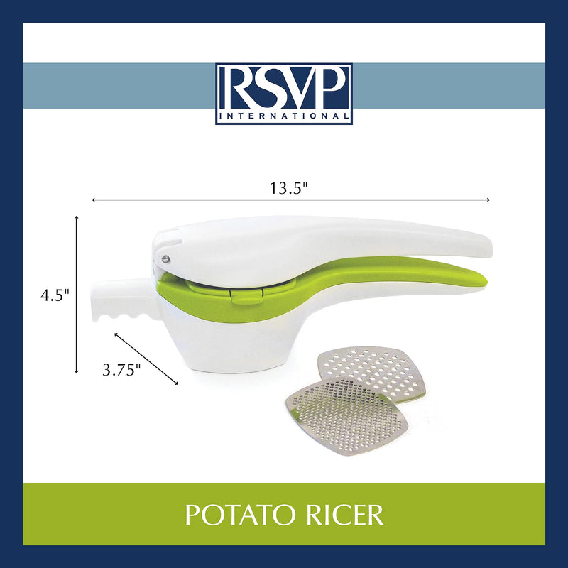 RSVP International (SPUD) Potato Ricer, White/Green | Mash Potatoes, Fruits, Vegetables & More | Includes Medium & Coarse Plates | Pot Resting Extension | Dishwasher Safe