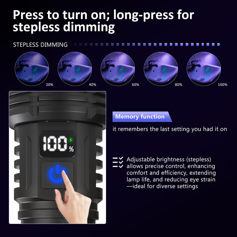 365nm UV Flashlight Rechargeable Black Light Flashlight Powerful, LCD Display Handheld UV Light for Pet Urine Detection,Resin Curing,Travel,Yooperlite,Scorpion,Blood Tracking,Rocks,Minerals,AC Leak