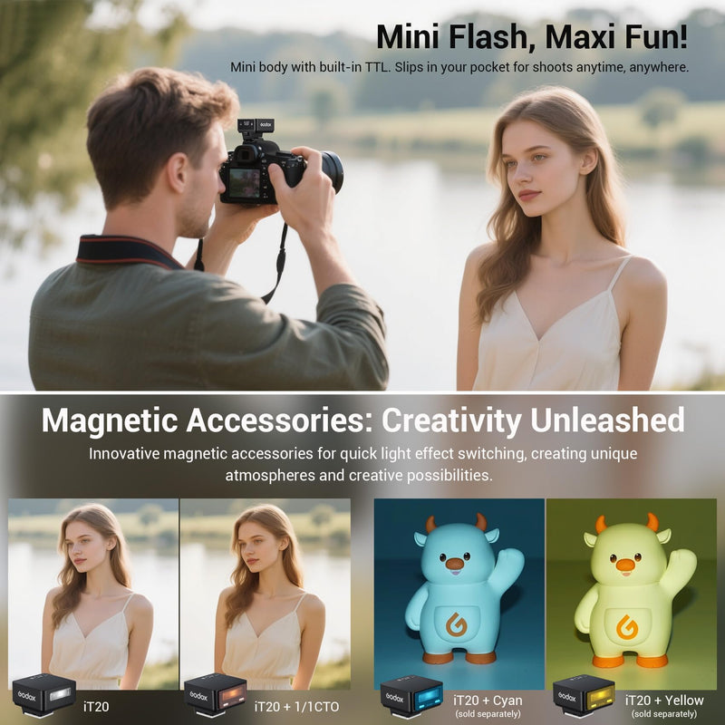 Godox iT20-N Ultra-Compact Camera Flash - Upgraded from iM20 with TTL Function & Magnetic Accessories, 45g Lightweight, 700+ Flashes, 1.5s Recycling, USB-C Charging, Compatible with Nikon Cameras Godox IT20-N