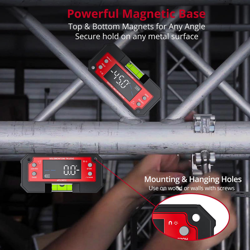 XUNTOP Digital Angle Finder Tool Dual Axis X-axis of 4×90° and Y-axis of ±60° Powerful Magnetic Base Level Box Type-C Rechargeable Digital Inclinometer with LED Display for Woodworking Table Saw