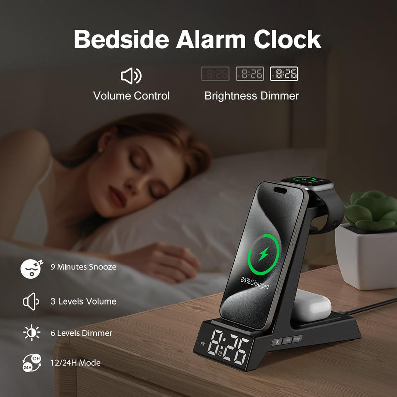 ANJANK 4 in 1 Wireless Charging Station Alarm Clock, Charging Dock for Apple Devices, Charger Stand for iPhone 17 Air 16 15 14 13 12 Series for Apple Watch 11 10 9 8 7 6 5 UItra/SE & AirPods, Dimmable Black