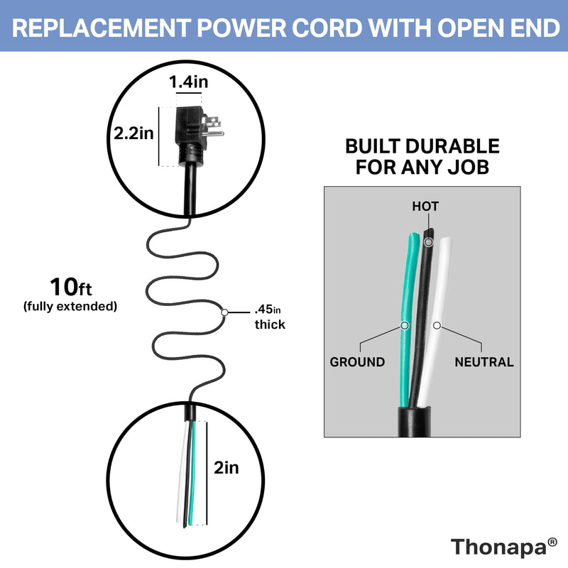 Thonapa 12 Gauge Replacement Power Cord with Open End 10 ft, 90 Degree Slim Flat Plug, 10 Foot Applaince Extension Cord 12/3 SJTW for Universal AC Appliance, Dishwasher, 15 AMP 1.0 Inches