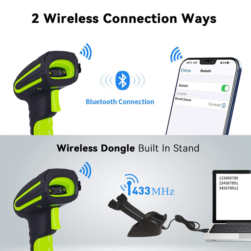 Alacrity Upgraded 2D Industrial Barcode Scanner with Wireless Charging Stand, 1968 Feet Transmission Distance 433Mhz Wireless & Bluetooth 2in1 Barcode Reader, Shock Dust Proof Hands Free, Green Chartreuse