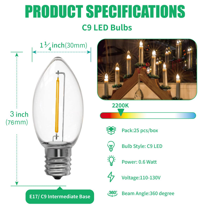 Meconard C9 Led Replacement Christmas Light Bulbs, C9 Shatterproof Plastic Led Bulbs for Christmas Outdoor String Lights, E17 Intermediate Base, Commercial Grade Holiday Bulbs, Warm White, 50 Pack 50 Count (Pack of 1)