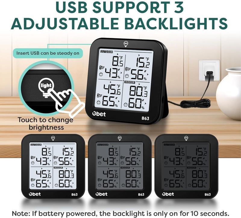 OBET Indoor Outdoor Thermometer Wireless Weather Station with 3 Sensors, Digital Hygrometer Remote Thermometer, Thermometer Temperature Humidity Monitor with Adjustable Backlight, USB Port (500 Feet) Black