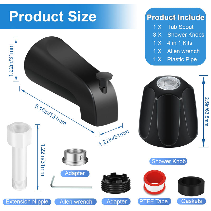Tub Shower Trim Kit, Matte Black Shower Knob and Bath Tub Spout, for Price/Pfister Verve and 3 Handle Tub Faucet, for 1/2" Copper Connection, 1/2" and 3/4" Male Thread Connection (Matte Black)