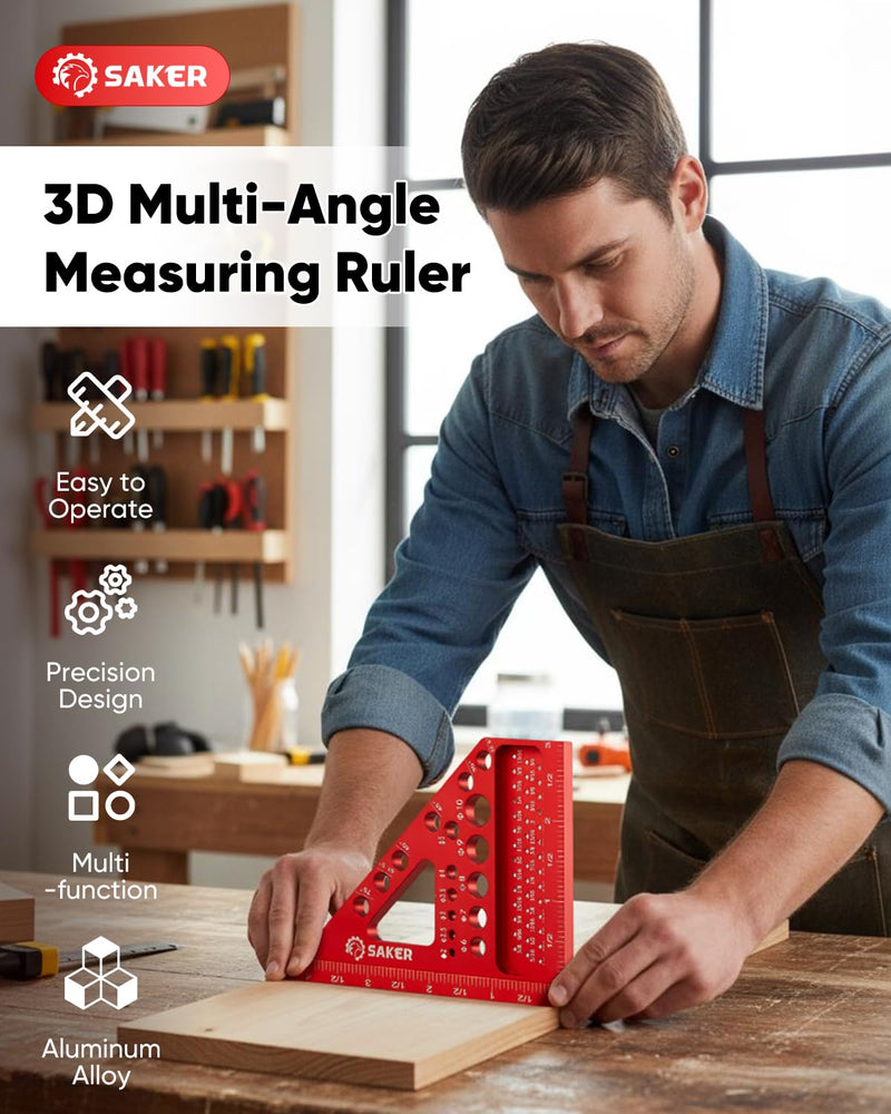 Saker 3D Multi-Angle Measuring Square Ruler, Aluminum Alloy Carpenter Square, 0-90° Precision Hole Scribing Ruler with Angle Pin for Woodworking, Engineering, and Construction Projects 4.4inch