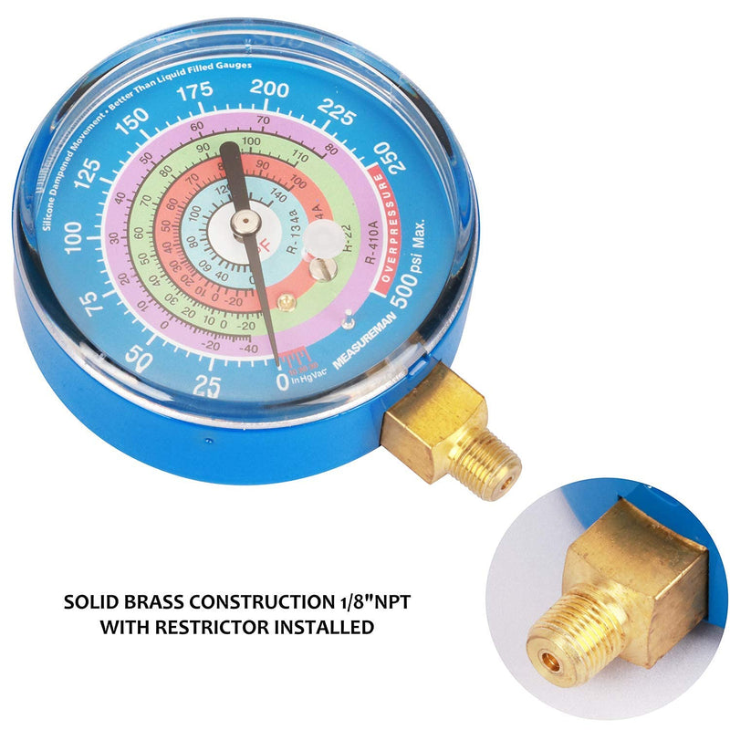 Measureman Refrigeration Pressure Gauge Kit, 3-1/8" Dial, Blue Dial & Red Dial, 1/8" NPT Lower Mount, 30inHg-0-250psi, 250-500psi & 0-800psi 3-1/8" Dial (Red & Blue Kit)