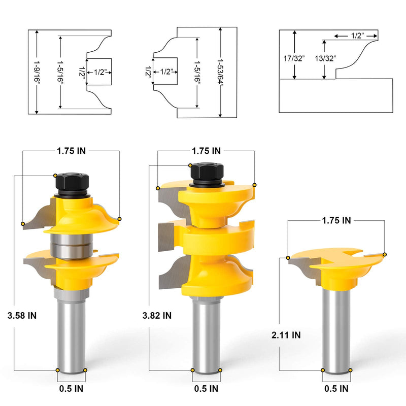 Router Bit Set 1/2-Inch Shank, 3Pcs/Set Extended Tenon Entry Door Rail and Stile Woodworking Milling Cutter Door Extended Tenon Router Bits