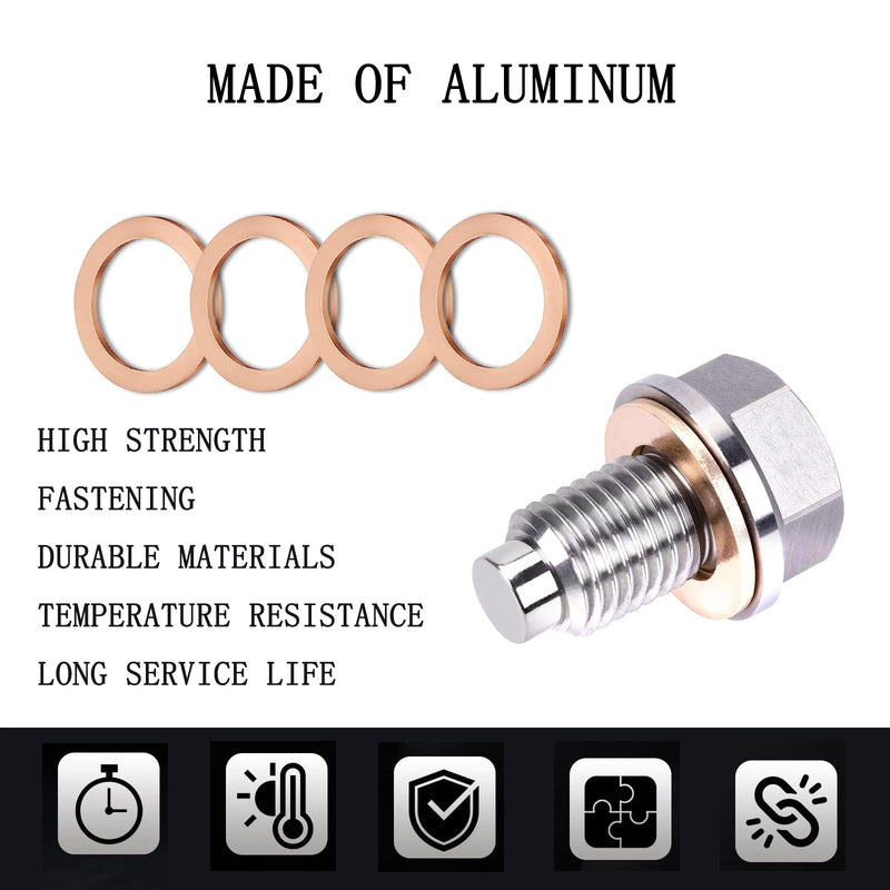 M14x1.5 Magnetic Oil Drain Plug, Magnetic Stainless Steel Oil Pan Drain Nut Bolt with 5PCS Copper Crush Washer Anti Leakage, Universal Leak-proof Replacement,Fits Most Cars,Motorcycles,Boats M14×1.5
