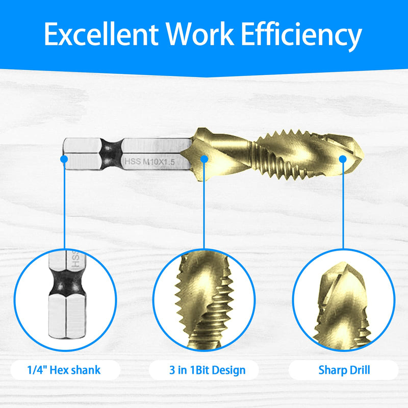 Combination Drill & Tap Bit Set, 6 pc SAE (6-32NC ~ 1/4-20NC) and 6 pc Metric (M3 ~ M10) Titanium Coated Drill Bits Kit for Drilling Screw Threads Tapping Countersinking, with Quick Change Adapter 13 Pcs Drill Tap Set