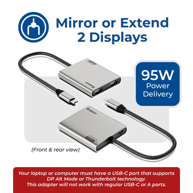 OREI SplitXtend USB-C to Dual HDMI Adapter 4K 60Hz – Dual Monitor USB C Hub with 95W Power Delivery, USB-C DP Alt Mode & Thunderbolt 3/4 Compatible, HDMI Adapter for Windows & MacOS