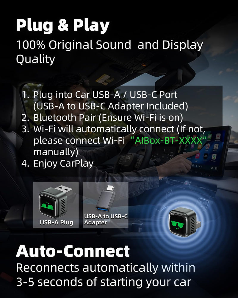 Wireless CarPlay Adapter for Apple iPhone Latest Upgrade | Seamless Connection for Convert Wired to Wireless Car Play Adapter - No Latency from iOS 10+ to Screen w/USB C