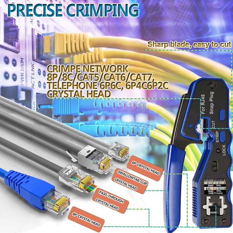 LEATBUY CAT5 CAT6 Crimping Tool RJ45 Crimp Tool Set for Pass Through for Regular with Connectors, Covers Network Wire Stripper Kit Ethernet Crimper Internet Punch Down Cutter(Blue) Blue