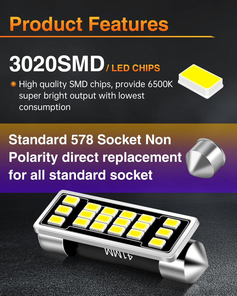 LUYED 569 578 211-2 212-2 LED Bulbs 1280 Lumens Extremely Bright 3020 18-EX Chipsets 1.6 inches 41mm LED Bulbs Used for Car Interior Map Dome Lights,Xenon White,Pack of 2 Xenon White