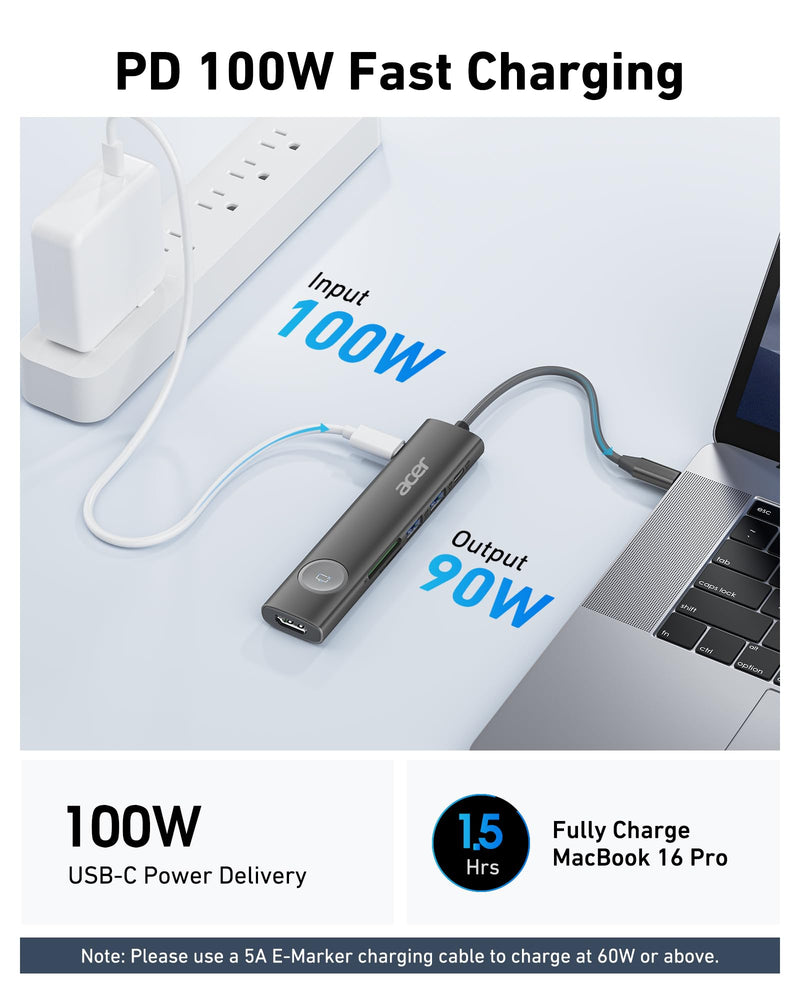  [AUSTRALIA] - Acer 4K@60Hz USB C Hub, 7 in 1 USB C to HDMI Splitter with USB-A 3.1 & Type-C Data Port, 100W PD & SD Card Reader, USB-C to HDMI Adapter for iPad Pro MacBook Pro Laptops & Other Type C Device - Black