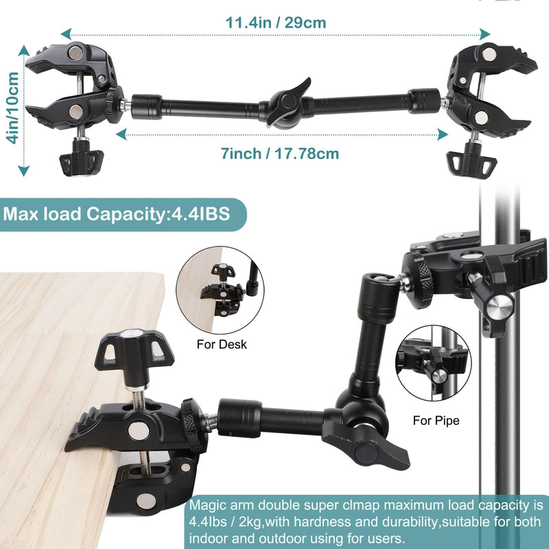 PellKing Magic Arm Clamp Kit, 7‘’ Camera Mount Articulating Friction Arm w 2 Pcs Super Clamp, w 1/4"-20 Screw and Thread Hole, for Umbrella,Camera, Light, Monitor, Webcam or Action Camera 2kg