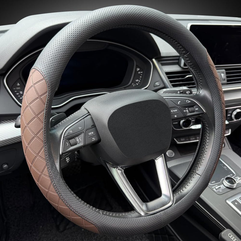 LKWLIKEI Nappa Leather Steering Wheel Cover,Elegant Diamond Checkered Design, Non-Slip wear-Resistant, Enhance Driving Comfort, Suitable for Steering Wheel Diameter 14 1/2‘-15’ Models.Black Brown Black Brown