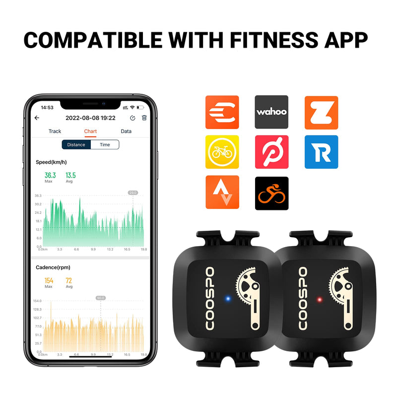 COOSPO Cadence & Speed Sensor for Cycling, Wireless Bluetooth & ANT+ Bike RPM Sensor for Cycling Computers, Compatible with IP67 / Rouvy / Zwift / Peloton / Wahoo / CooSporide Cadence&Speed Sensor*2