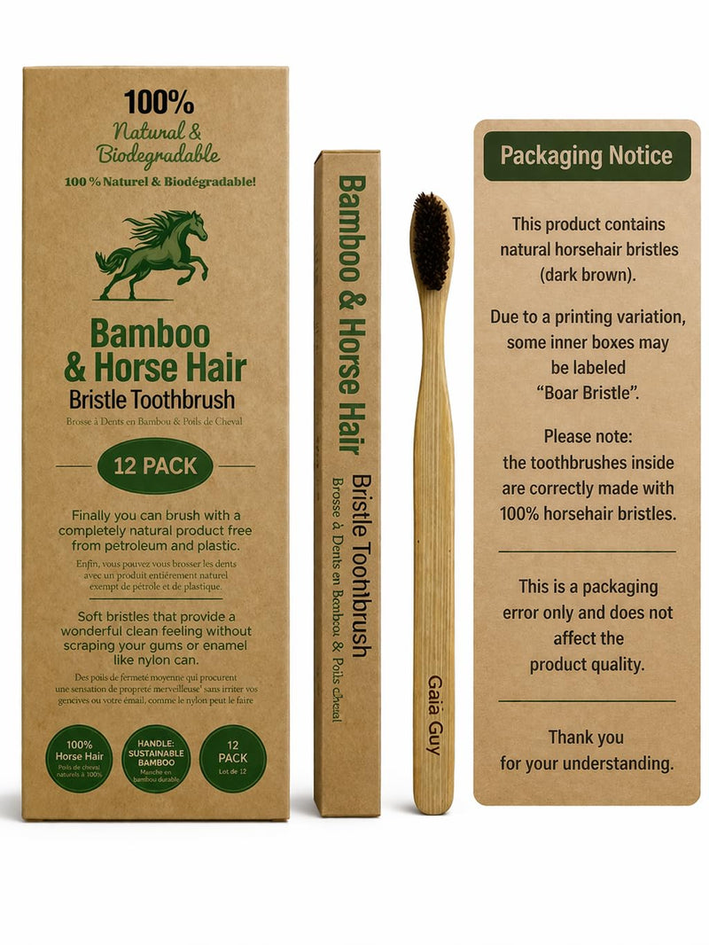 Gaia Guy Soft Natural Bristle Bamboo Toothbrush (NO Nylon - Horse Hair ONLY) - Totally Compostable & Biodegradable Soft Horsehair Bristle and Bamboo Toothbrushes - Zero Waste & Plastic-Free