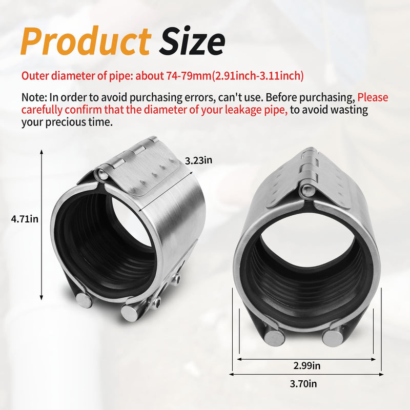 Pipe Repair Clamp Kit -3 Inch 74mm-79mm High Pressure Resistant Pipe Coupling Clamp for Plastic&Metal Pipes, Emergency Duty Leak Sealer with Stainless Steel, Quick Fix for Water/Gas/Oil Lines 3 inch /74mm-79mm