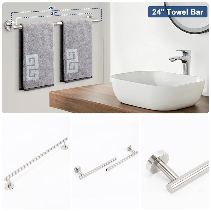 NearMoon 5 Pieces Bathroom Hardware Set SUS304 Thicken Stainless Steel-Towel Rack Kit Include 24" Towel Rod +Bath Towel Ring +Toilet Paper Holder +2 Robe Towel Hooks Bath Accessories (Nickel) Brushed Nickel Towel Bar Set (5 Piece)