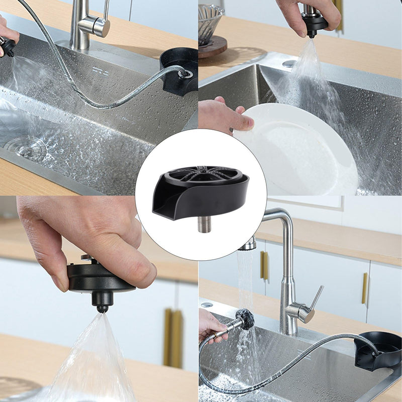 POCREATION Automatic Glass Washer Cup Rinser, 360 Degree Rotating Spout Sink Accessory Stainless Steel Bottle Washer for Bottles, Cups, Utensils Black ABS Basin (US 9/16 Hose)