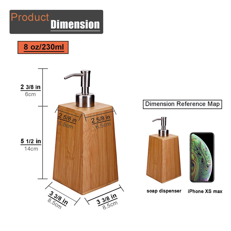 8 oz Bamboo Soap Dispenser with Stainless Steel Spray Head for Bathroom Accessories and Various Liquids, Trapezoid Trapezoid(H7 7/8"*3 3/8"*3 3/8")