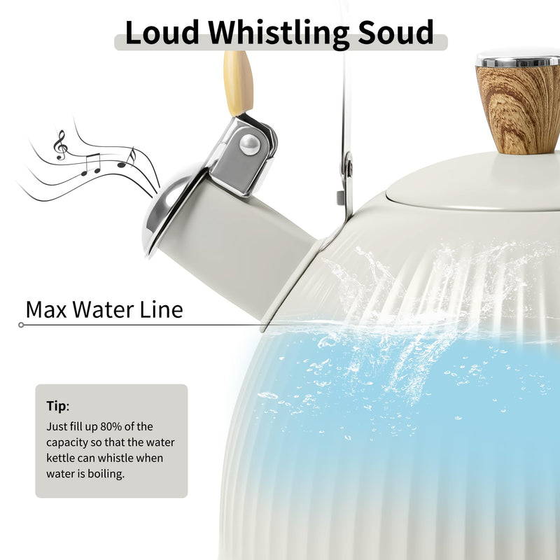 LONFFERY Tea Kettle for Stove Top, 2.5 Quart Whistling Tea Kettle, Stainless Steel and Wood Pattern Folding Handle, Creamy White