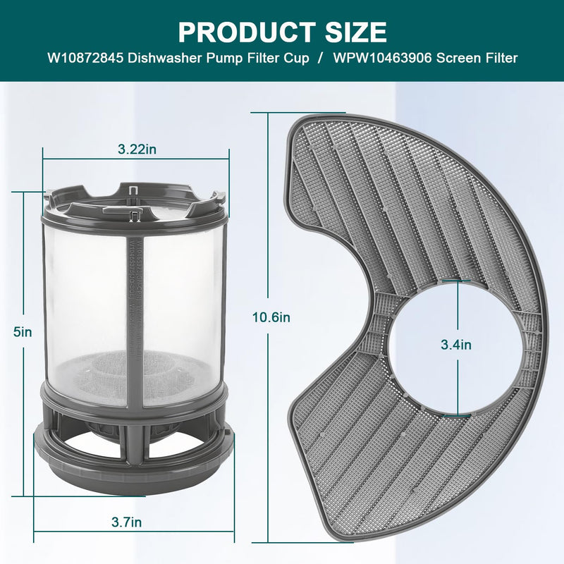 W10872845 Dishwasher Pump Filter Cup, WPW10463906 Screen Filter Dishwasher Filter Replacement Parts for Whirlpool Kenmore KitchenAid Dishwasher AP6030094 W10393351 AP6021820 PS11755148 PS11759673