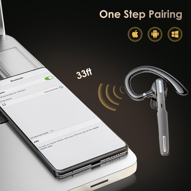 Single Ear Bluetooth Headset, Noise Cancelling, 360° Swivel, Long Battery, Voice Prompt