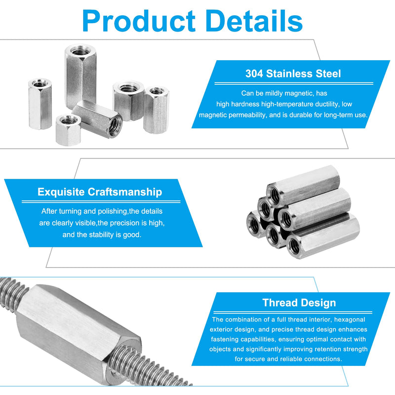 PATIKIL 1/2"-13 UNC 304 Stainless Steel Hex Coupling Nuts, 15Pcs 1" Length Fully Threaded Rod Coupling Nut Studding Connector Fasteners, Silver Tone 1/2"-13 x 1" 15