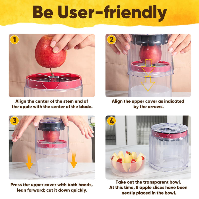 Newness 5.12-Inch Apple Slicer - 8 Slices, Ultra-Safe & Heavy-Duty Stainless Steel Extra Large Apple Cutter, Upgraded Cut Apples All The Way Through, with Red Bowl