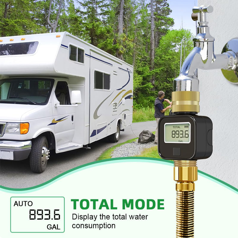 Water Flow Meter with Brass Metal Thread, Measures Gallons/Liters & Flow Rate – Ideal for RV Water Tank Filling, Garden Hose Watering, Lawn Sprinklers & Nozzle Sprayers