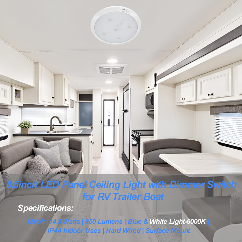 Dream lighting RV Lights Interior Dimmable 12 Volt LED Ceiling Light Fixture with Switch for RV Motorhome Boat Marine - 8.5 Inches, 14.3W, 850 LM, Cool White & Blue Lighting 8.5inch-Cool White&Blue
