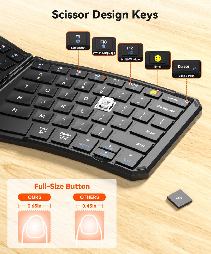 Ergonomic Foldable Keyboard, 3-Device Dual Mode 2.4G & Bluetooth | Ultra-Slim Portable Wireless Design for Travel&Lap Use, Connects up to 3 Devices, Compatible with iOS, Android, Windows