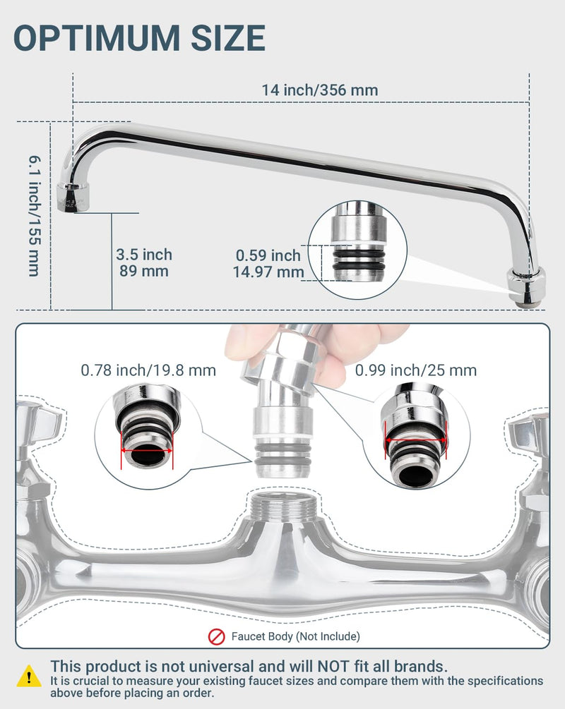 Commercial Faucet Parts 14 Inch Swivel Spout Replacement Kit for Commercial Kitchen Sink Faucet 1.8 GPM Stainless Steel Swivel Swing Add-on Nozzle for 2 or 3 Bay Compartment Sinks