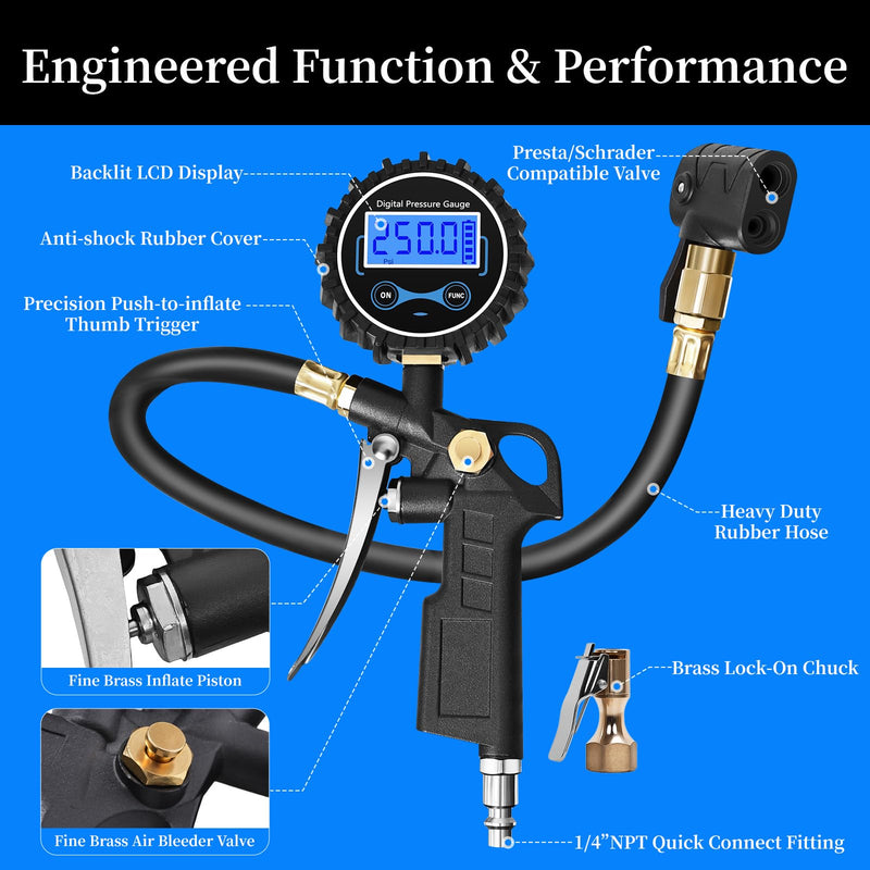 Digital Bike Tire Pressure Gauge, Presta Valve Adaptor, Schrader to Presta Valve Adapter for Air Compressor, Schrader Valve Adapter, Easiest Use Presta and Schrader Air Compressor Tool Presta & Schrader Valve Adapter