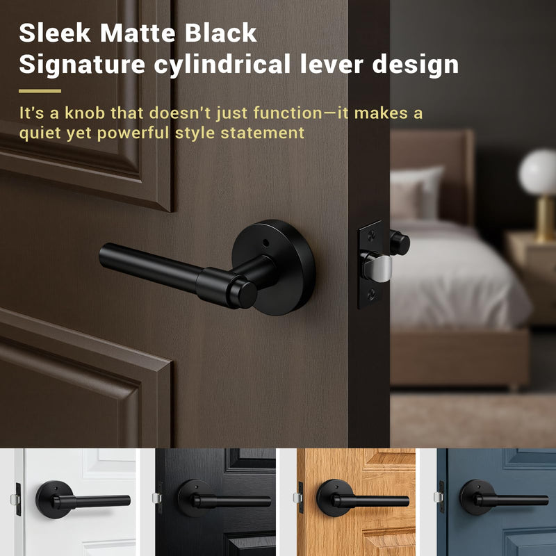 KNOBWELL 1 Pack Black Door Handles for Bedroom Bathroom, Heavy Duty Matte Black Door Knob with Interior Push Button Lock, Unversible Right/Left Handed Levers, Silent Privacy Handle Privacy Lock-1 Pack