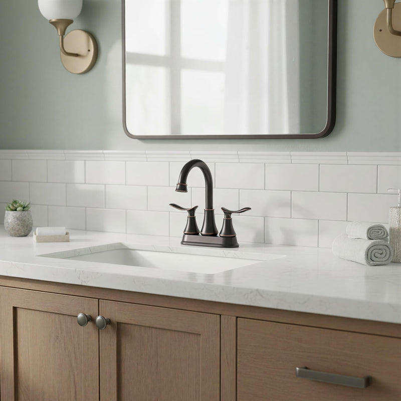 KINGO HOME Modern 2 Handle Oil Rubbed Bronze Bathroom Faucet, Bronze Bathroom Faucets RV Rubbed Bronze Bath Vanity Faucet for Sink 3 Hole with Water Supply Lines and Pop Up Drain