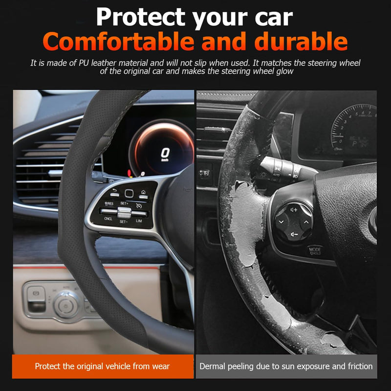 Car Steering Wheel Cover, 15 Inch Leather Non Slip Vehicle Steering Wheel Cover Protector, Comfortable Automotive Interior Protection Accessories, Universal for SUV Sedan Truck(Black) Black