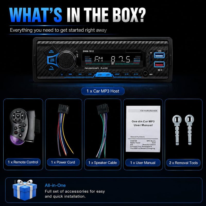 Single Din Car Radio Stereo with Bluetooth | AI Voice Control, Steering Wheel Control, FM Radio, USB Fast Charging, AUX Input & Subwoofer Output